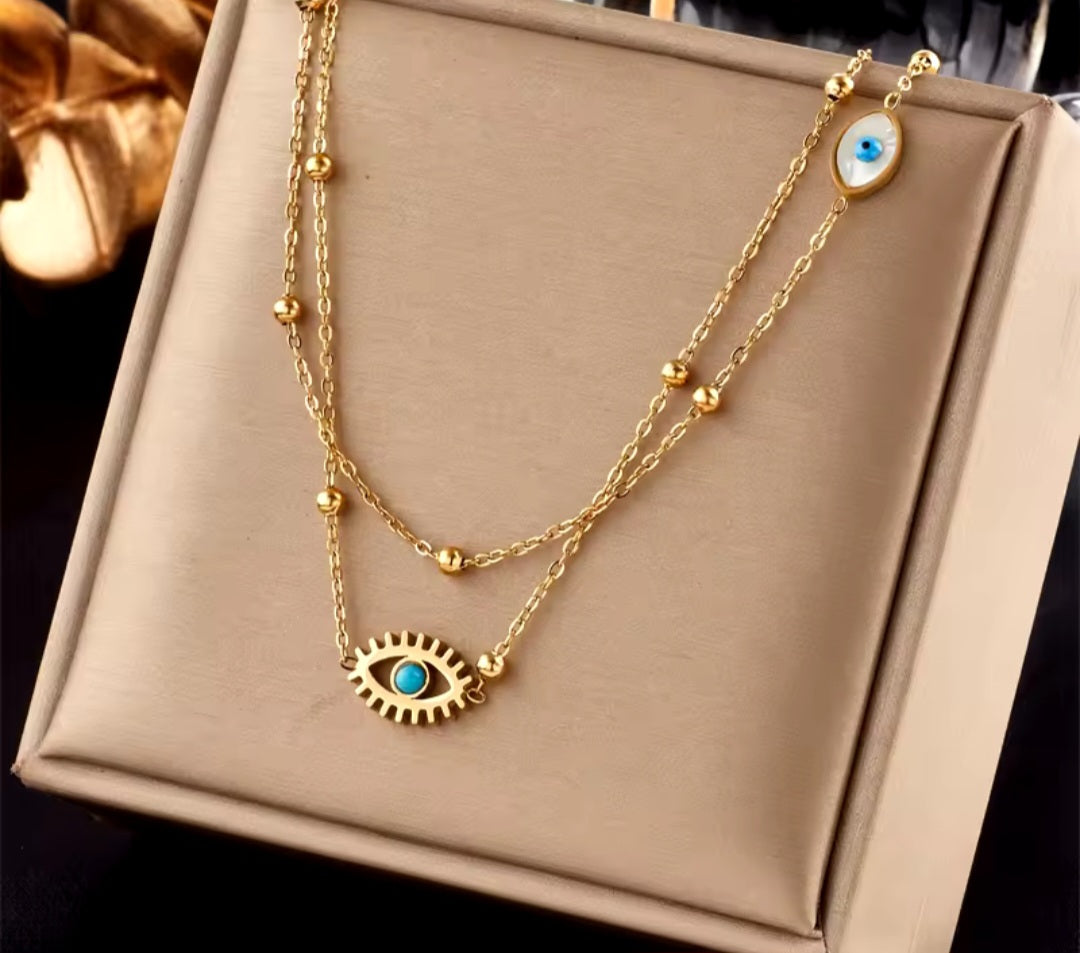 Collar doble con dije de ojo turco/ Double necklace with Turkish evil eye pendant