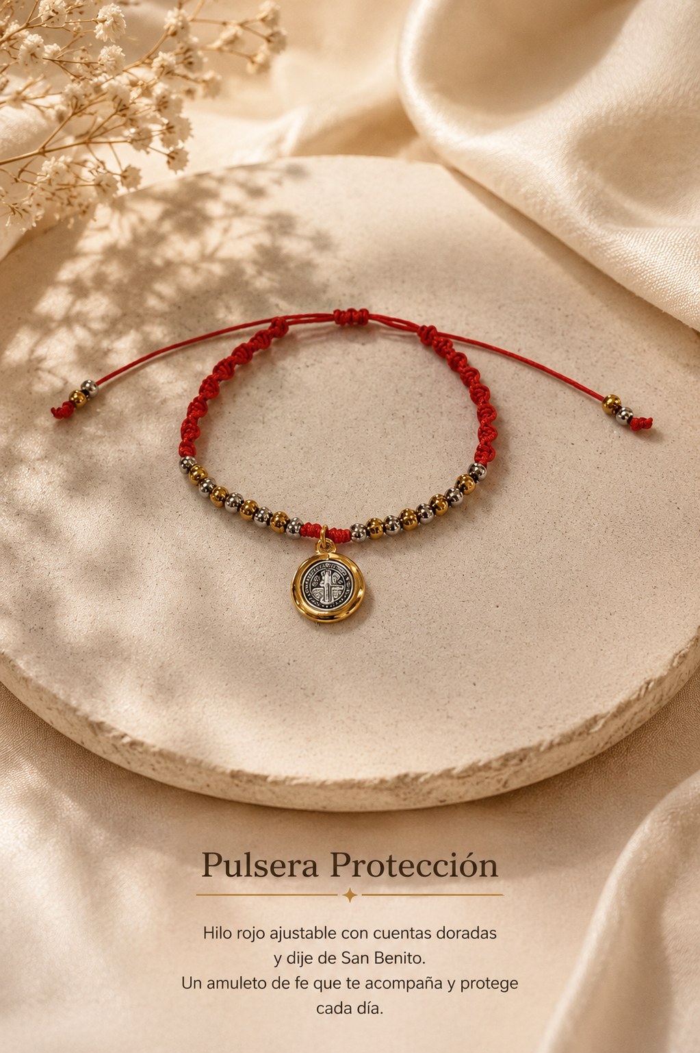 Pulsera de protección San Benito de Abad con balines dorados y plateados/ Saint Benedict the Abbot protection bracelet with beads
