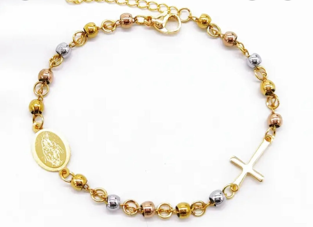 Pulsera de balines de acero inoxidable en 3 colores 4mm con dije de cruz y Virgen Maria/ Stainless steel bead bracelet in 3 colors (4mm) with cross and Virgin Mary charms