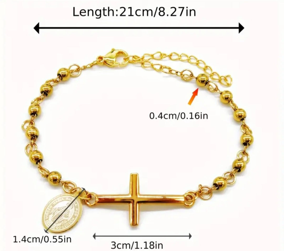 Pulsera de acero inoxidable con cruz y dije de Virgen Maria/ Stainless steel bracelet with cross and Virgin Mary charm.