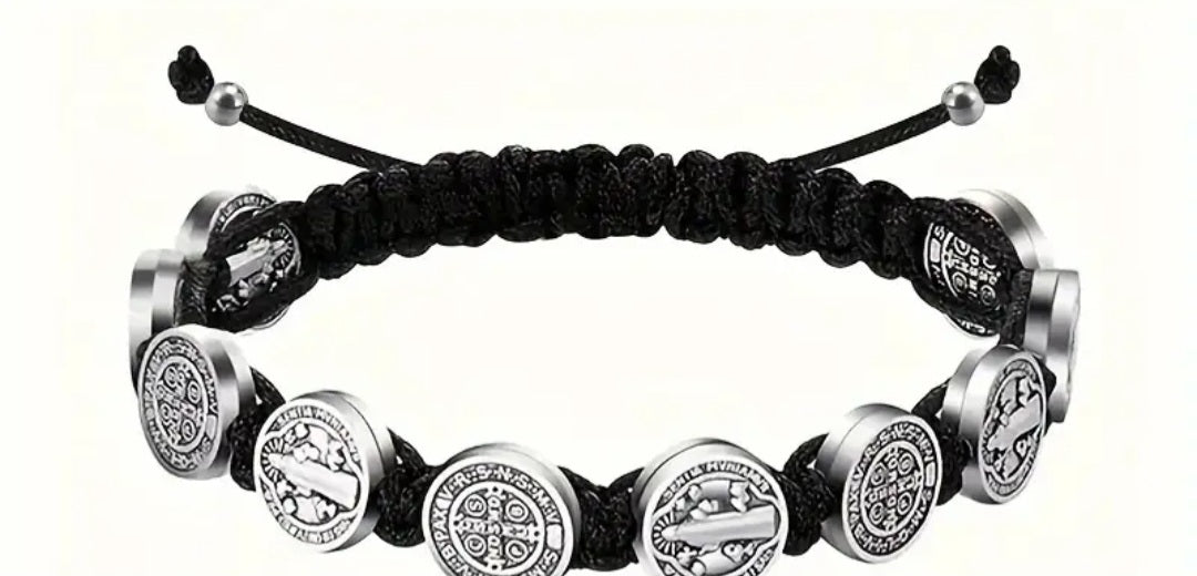 Pulsera ajustable 10 medalla s de San Benito de Abad unisex/ Adjustable bracelet with 10 medals of Saint Benedict the Abbot, unisex