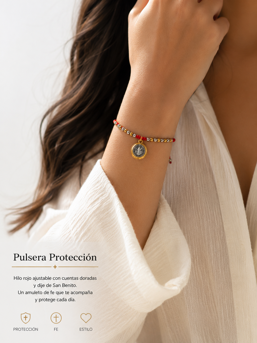 Pulsera de protección San Benito de Abad con balines dorados y plateados/ Saint Benedict the Abbot protection bracelet with beads