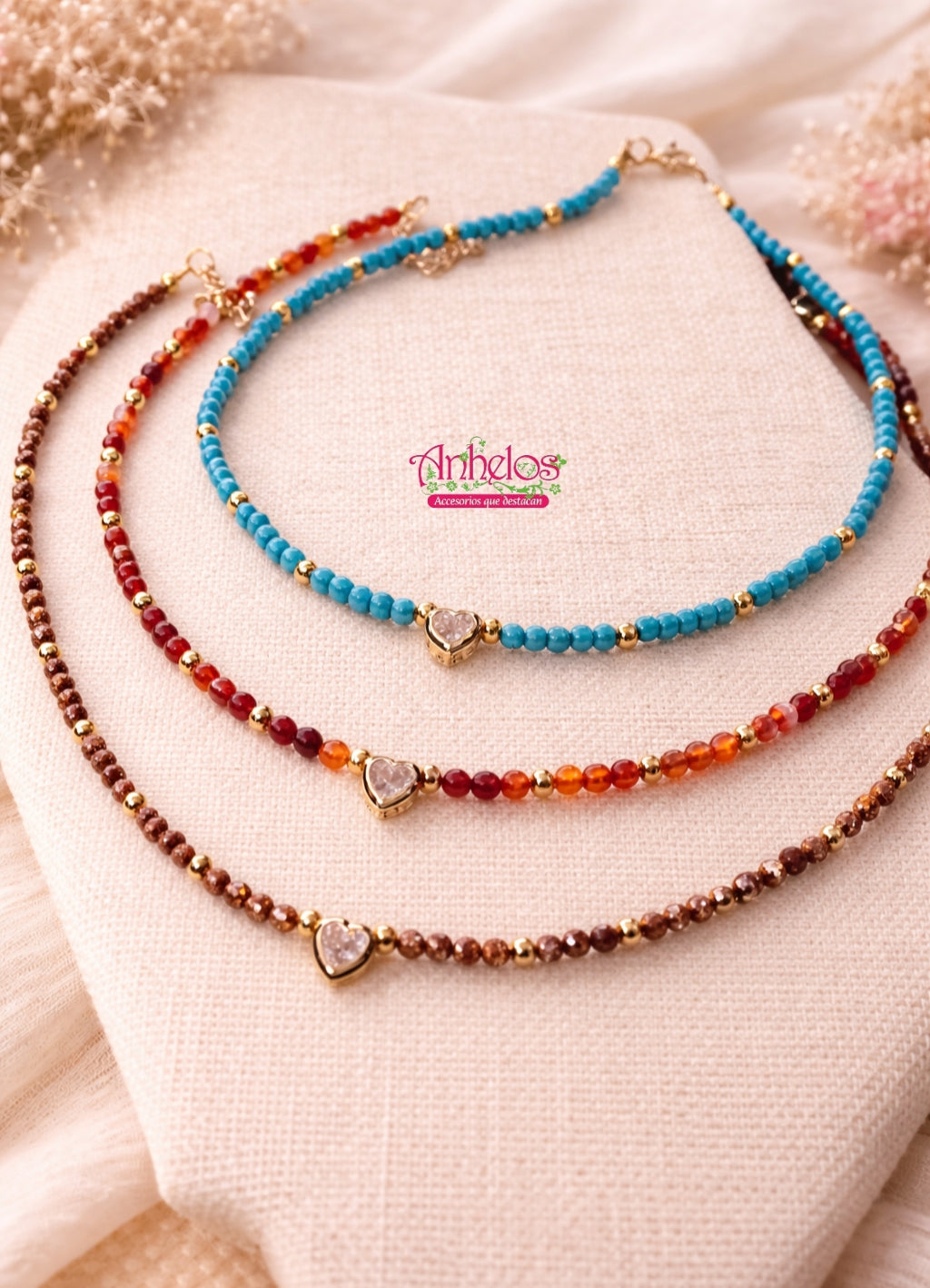 Collares con piedras naturales y dije de corazon/ Natural Stone Heart Pendant Necklaces