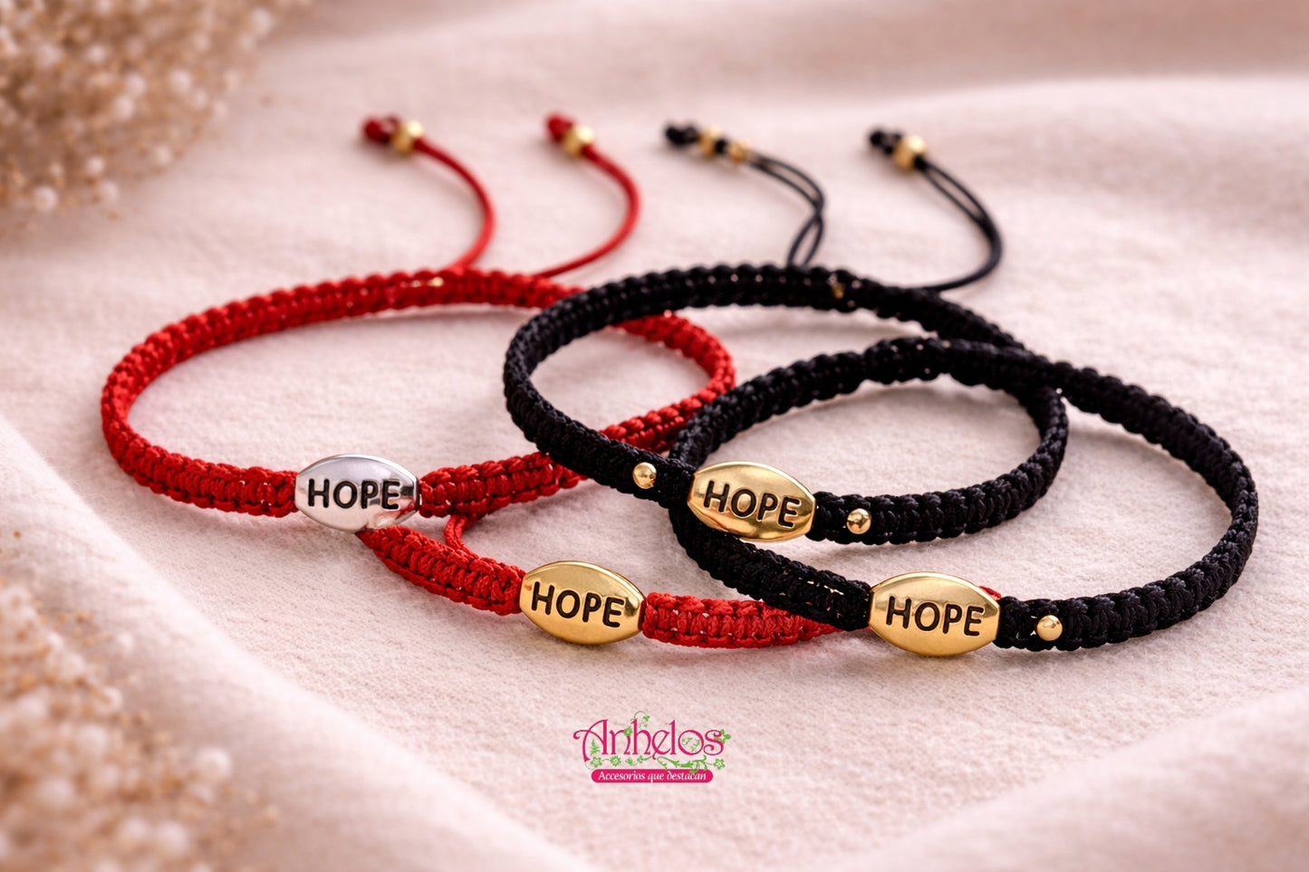 Pulsera tejida ajustable unisex con dije de esperanza/ Unisex adjustable woven bracelet with hope charm