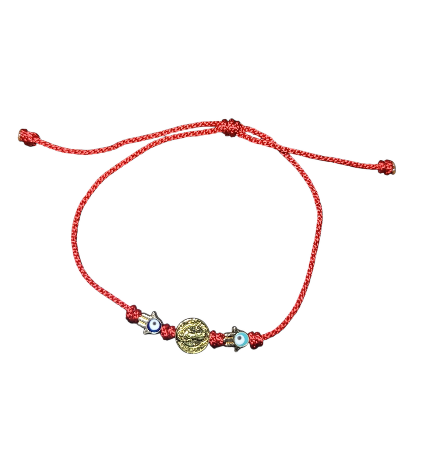 Pulsera de protección hilo rojo con dije mano de fatima y San Benito de Abad/ Red thread protection bracelet with Fatima's hand charm and Saint Benedict the Abbot