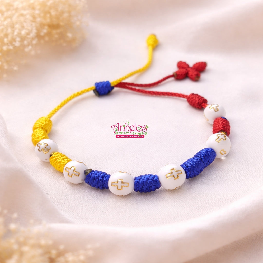 Pulsera rosario tricolor con piedras acrílicas/ Tricolor rosary bracelet with acrylic stones