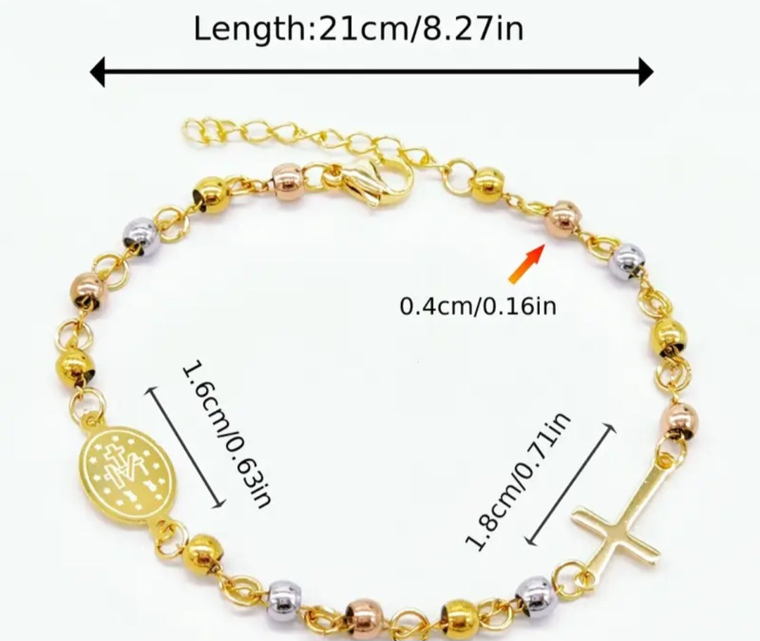 Pulsera de balines de acero inoxidable en 3 colores 4mm con dije de cruz y Virgen Maria/ Stainless steel bead bracelet in 3 colors (4mm) with cross and Virgin Mary charms
