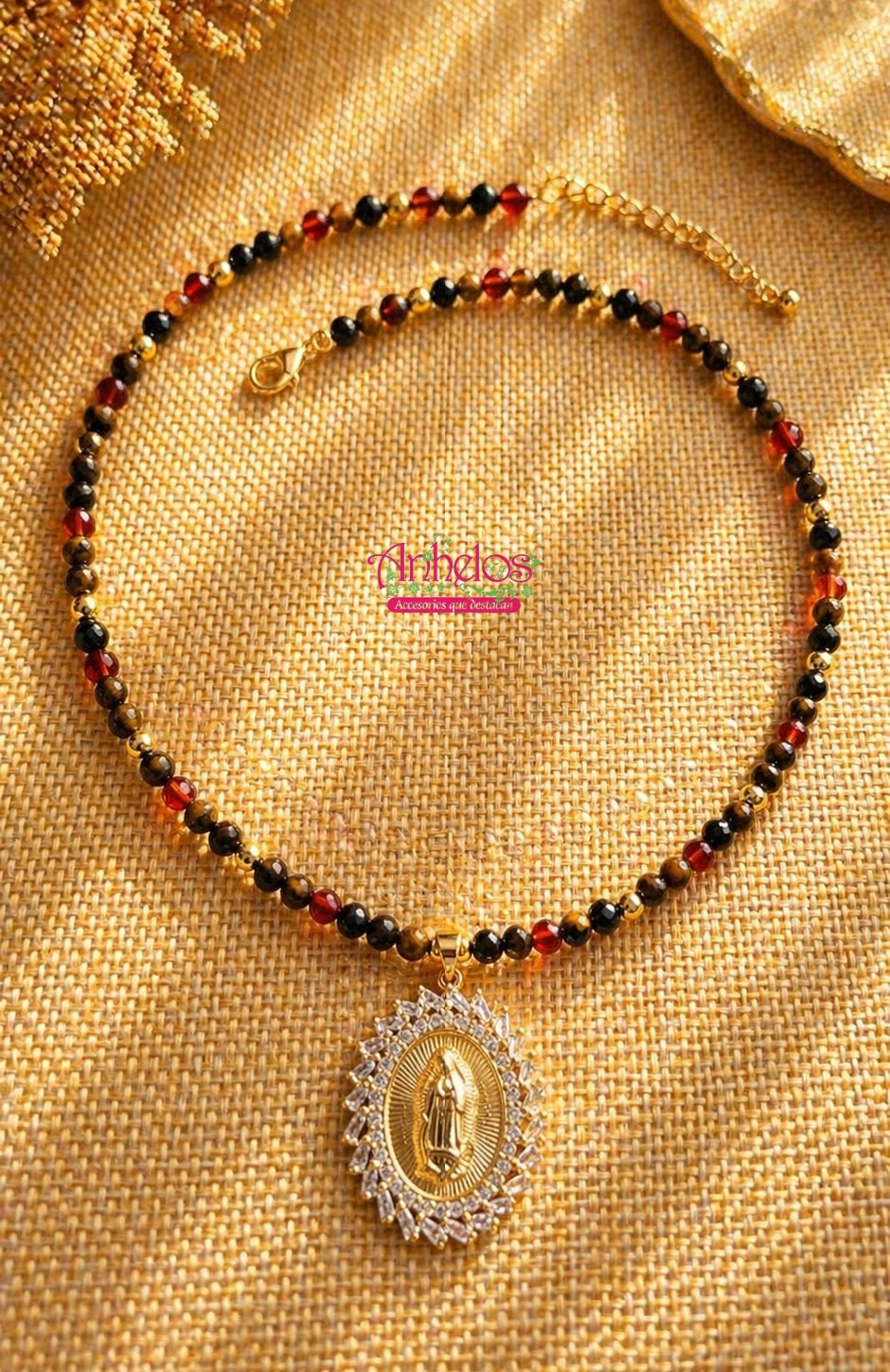 Collar Virgen de Guadalupe con Piedras Naturales Ojo de Tigre y Cornalina/ Virgin of Guadalupe Necklace with Natural Tiger's Eye and Carnelian Stones
