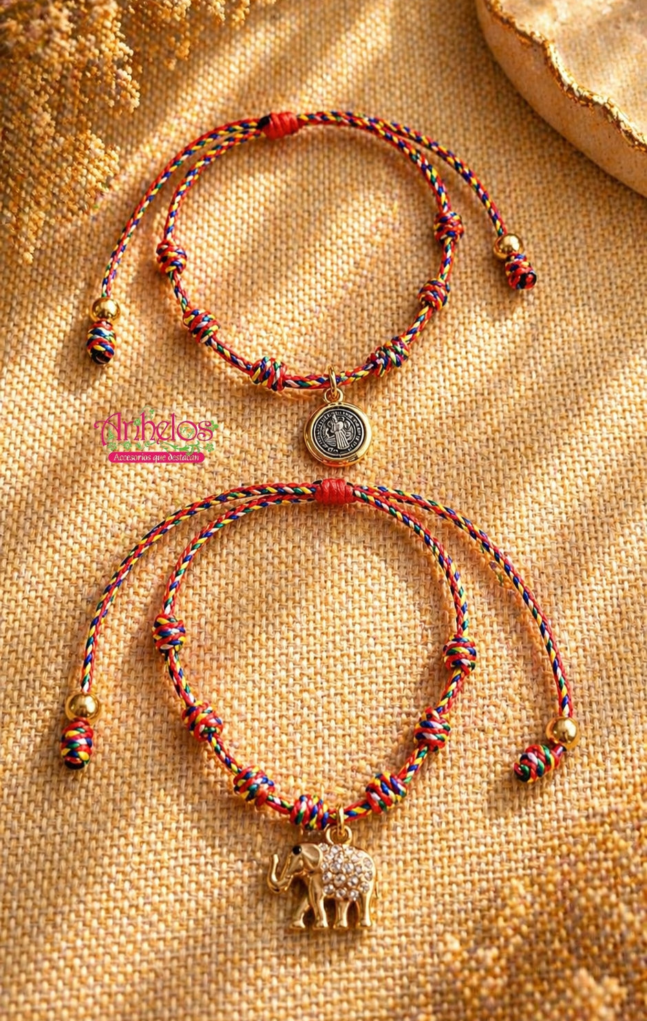 Pulseras Ajustables Multicolor con Dijes de Elefante y San Benito/ Adjustable Multicolor Bracelets with Elephant and St. Benedict Charms