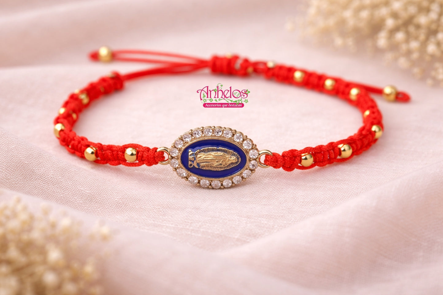 Pulsera ajustable con balines y dije de Virgen de Guadalupe/ Adjustable bracelet with pellets and Virgin of Guadalupe charm