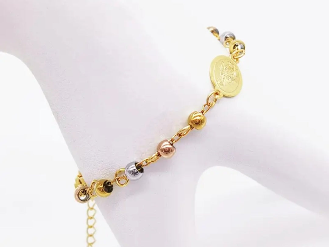 Pulsera de balines de acero inoxidable en 3 colores 4mm con dije de cruz y Virgen Maria/ Stainless steel bead bracelet in 3 colors (4mm) with cross and Virgin Mary charms