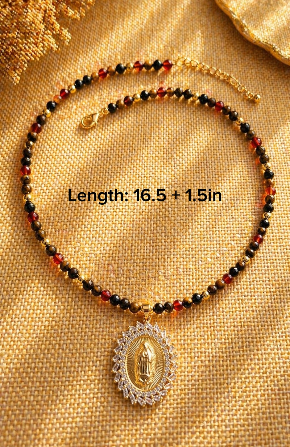 Collar Virgen de Guadalupe con Piedras Naturales Ojo de Tigre y Cornalina/ Virgin of Guadalupe Necklace with Natural Tiger's Eye and Carnelian Stones