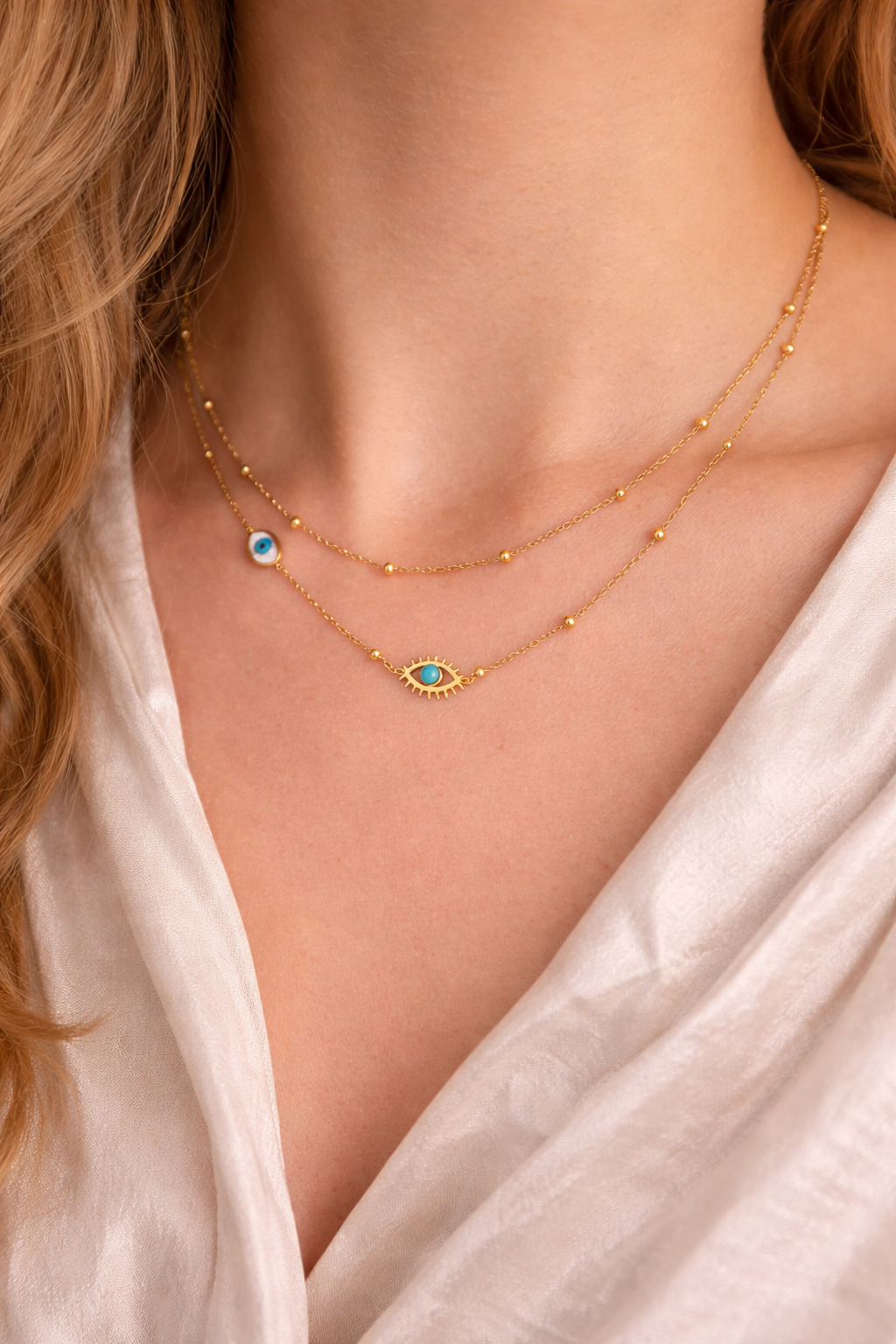 Collar doble con dije de ojo turco/ Double necklace with Turkish evil eye pendant